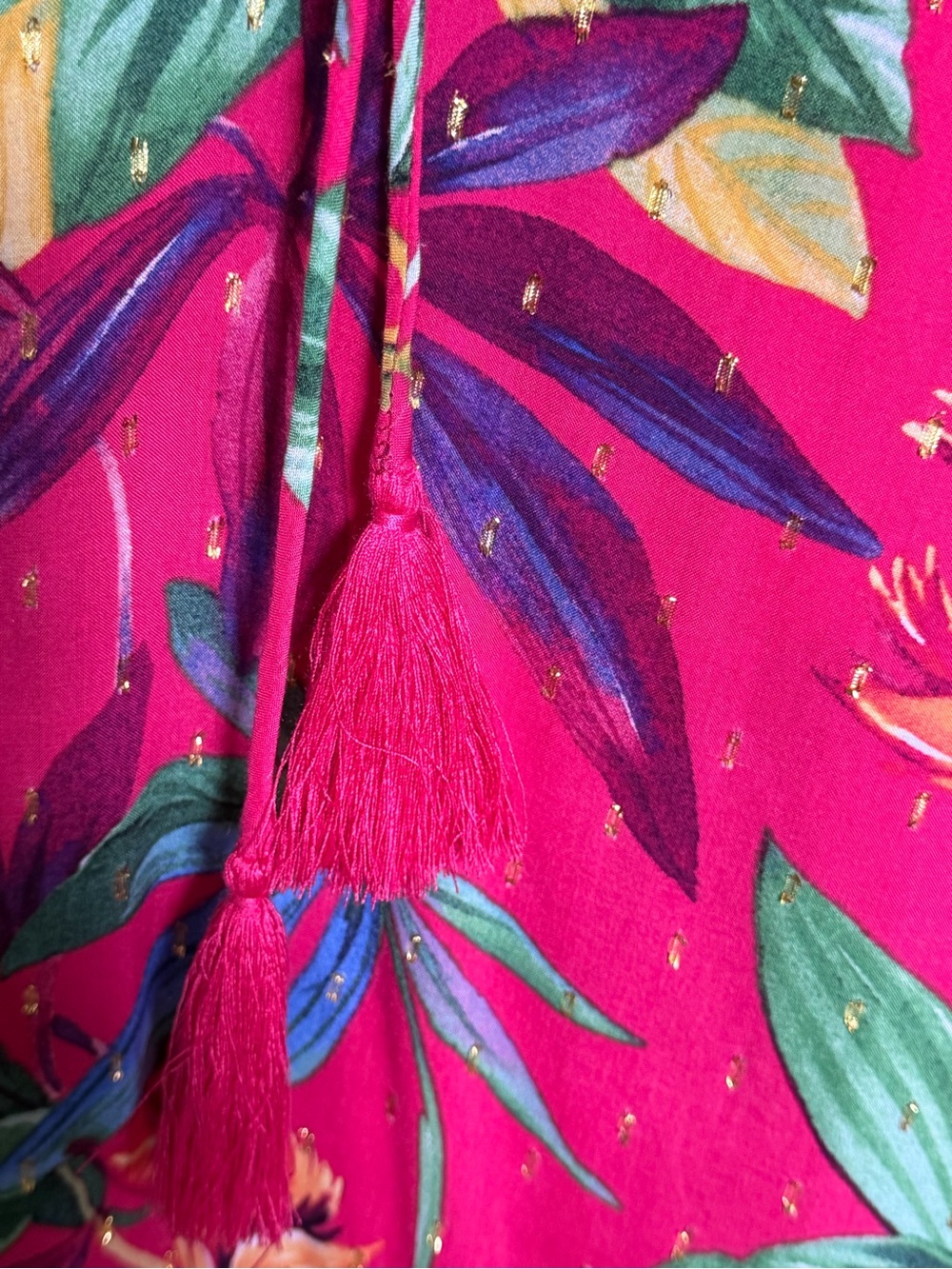 Chico's Fuchsia Tropical Leaf Tassel Blouse - Picture 12 of 12